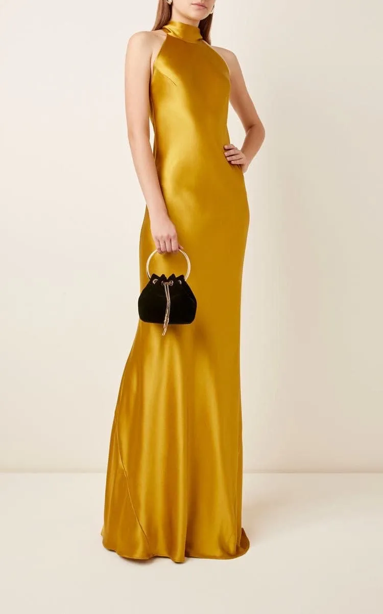 High-halterneck silk dress in Mustard shade