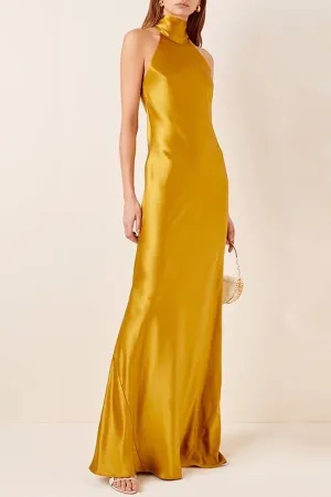 High-halterneck silk dress in Mustard shade