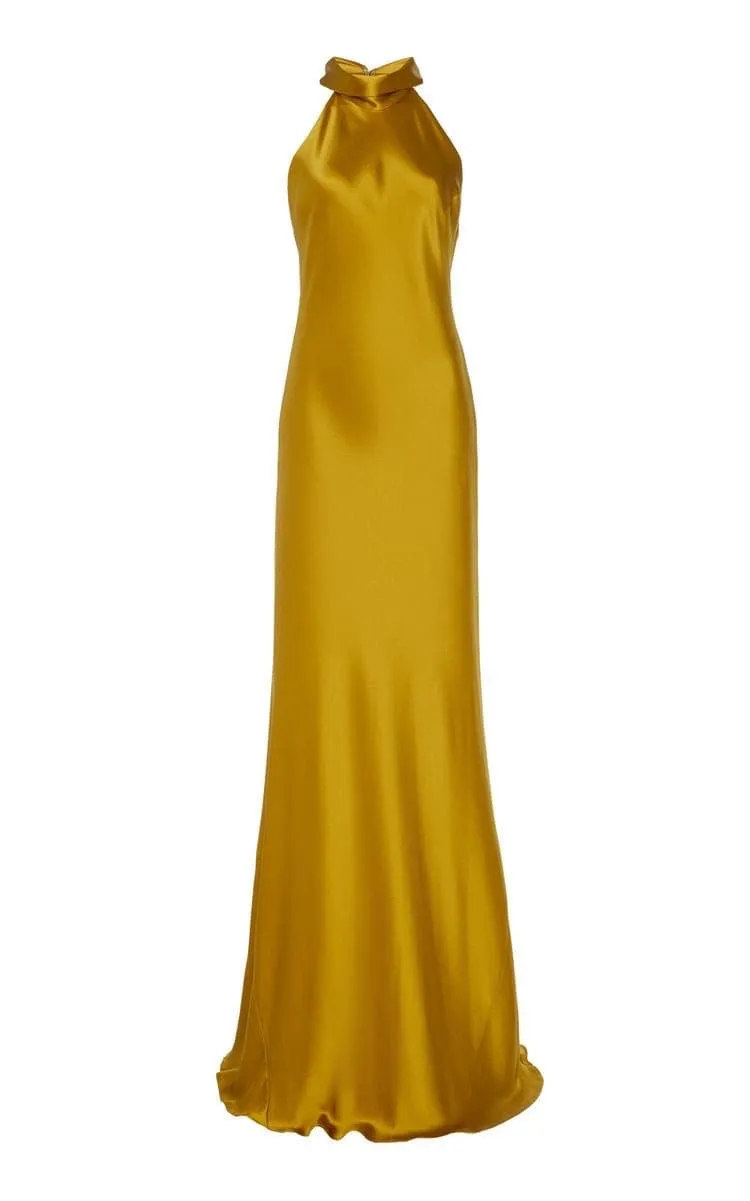 High-halterneck silk dress in Mustard shade