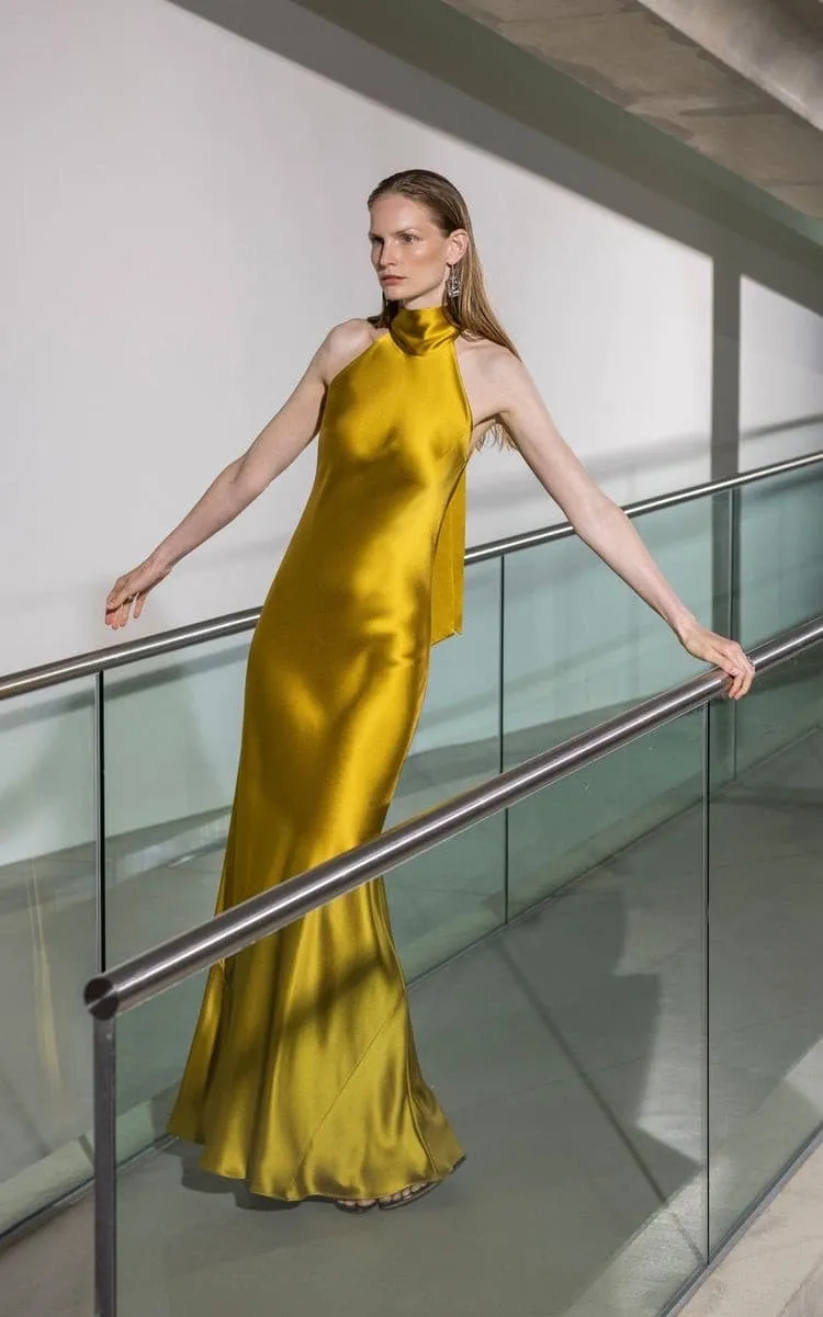 High-halterneck silk dress in Mustard shade