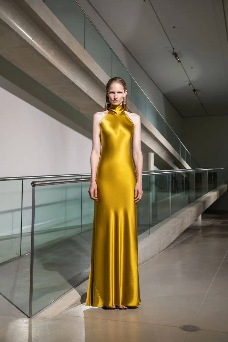 High-halterneck silk dress in Mustard shade