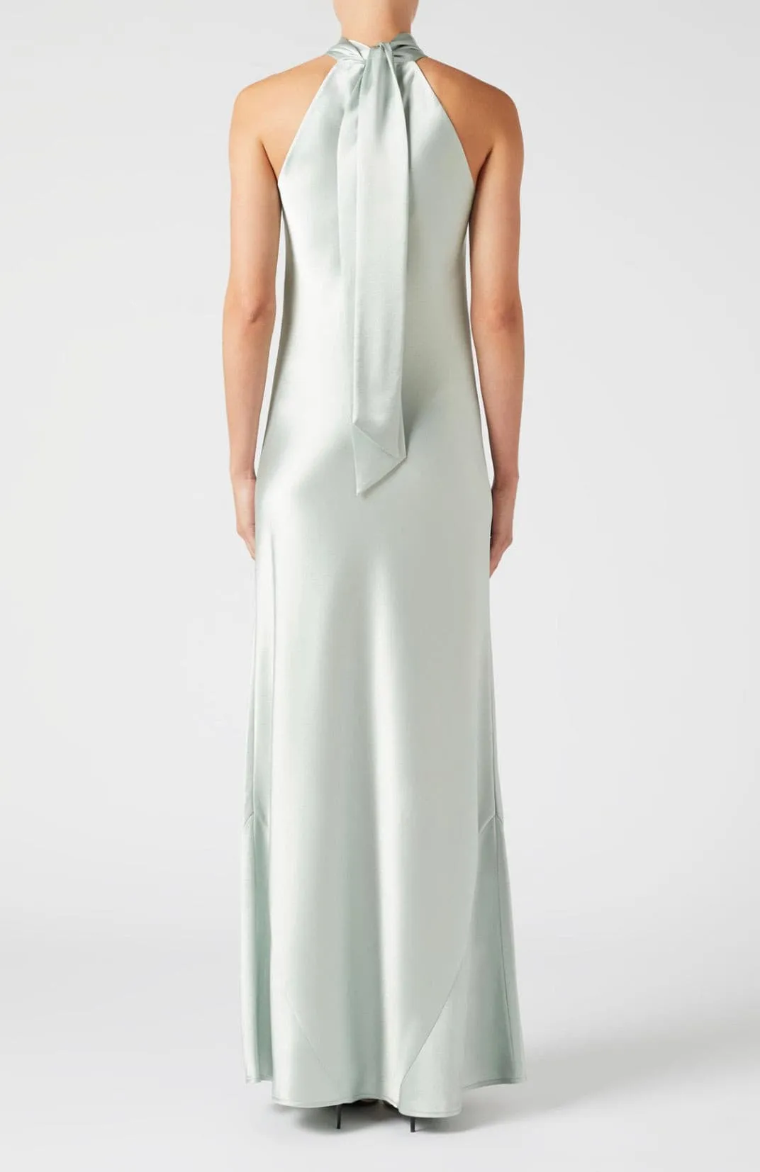 High-halterneck silk dress in pale mint shade