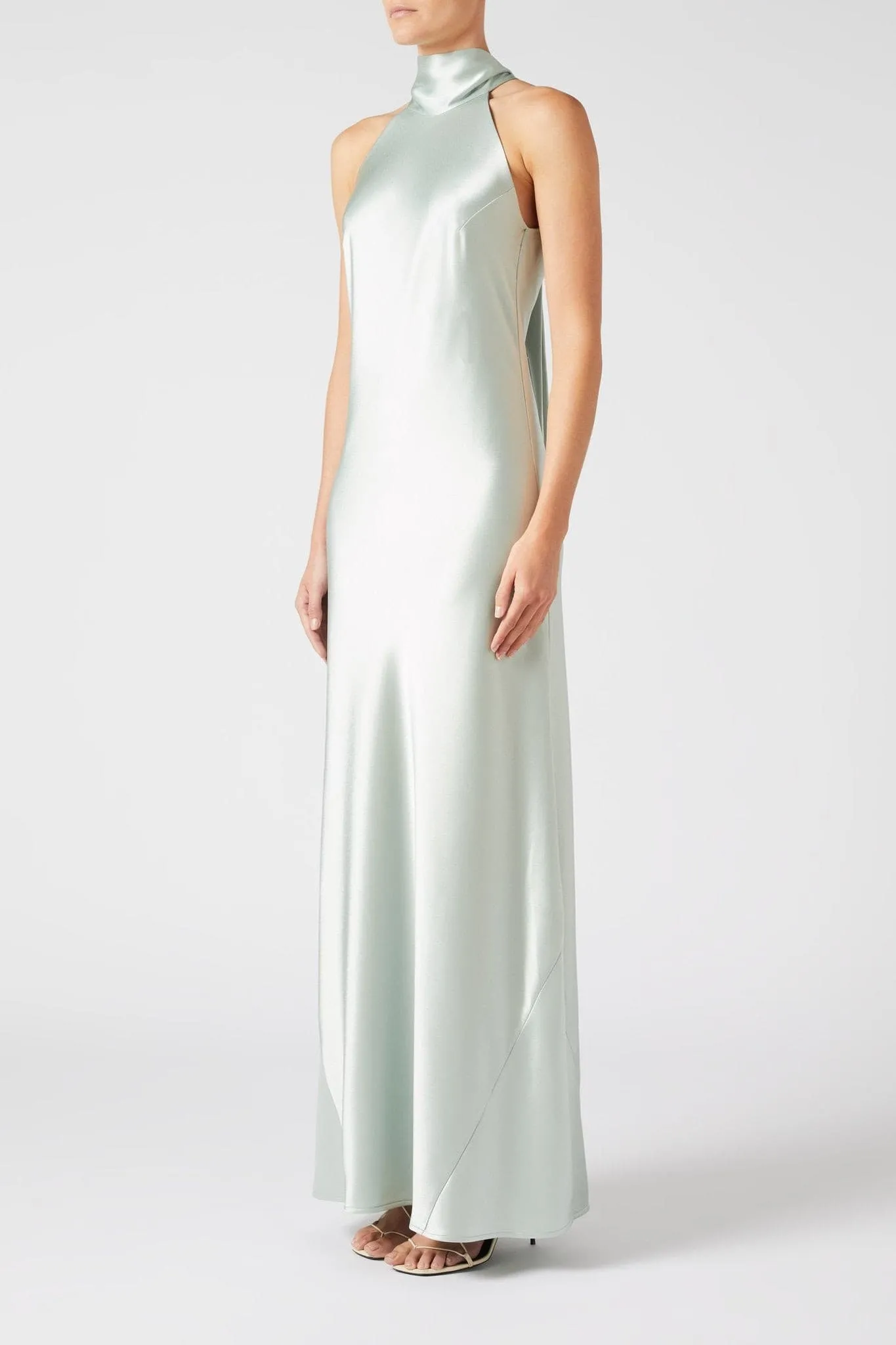 High-halterneck silk dress in pale mint shade