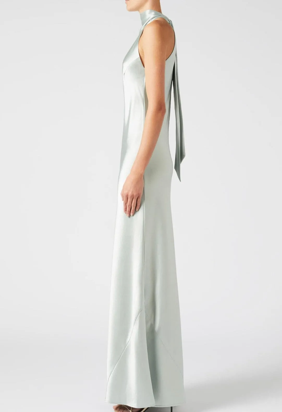 High-halterneck silk dress in pale mint shade