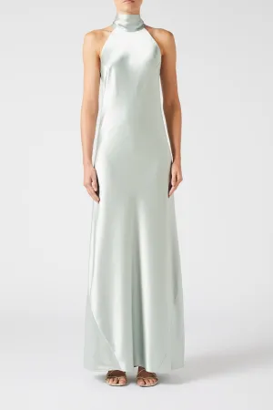 High-halterneck silk dress in pale mint shade