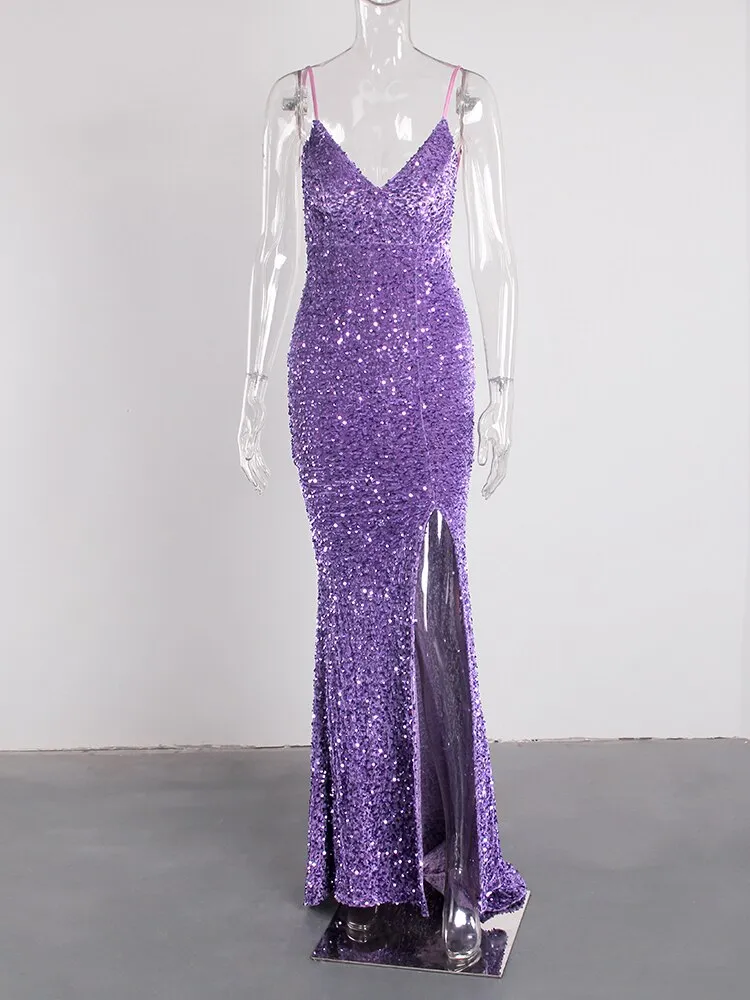 JuliaFashion - 2024 V-Neck Backless Sequin Bridesmaid Dress