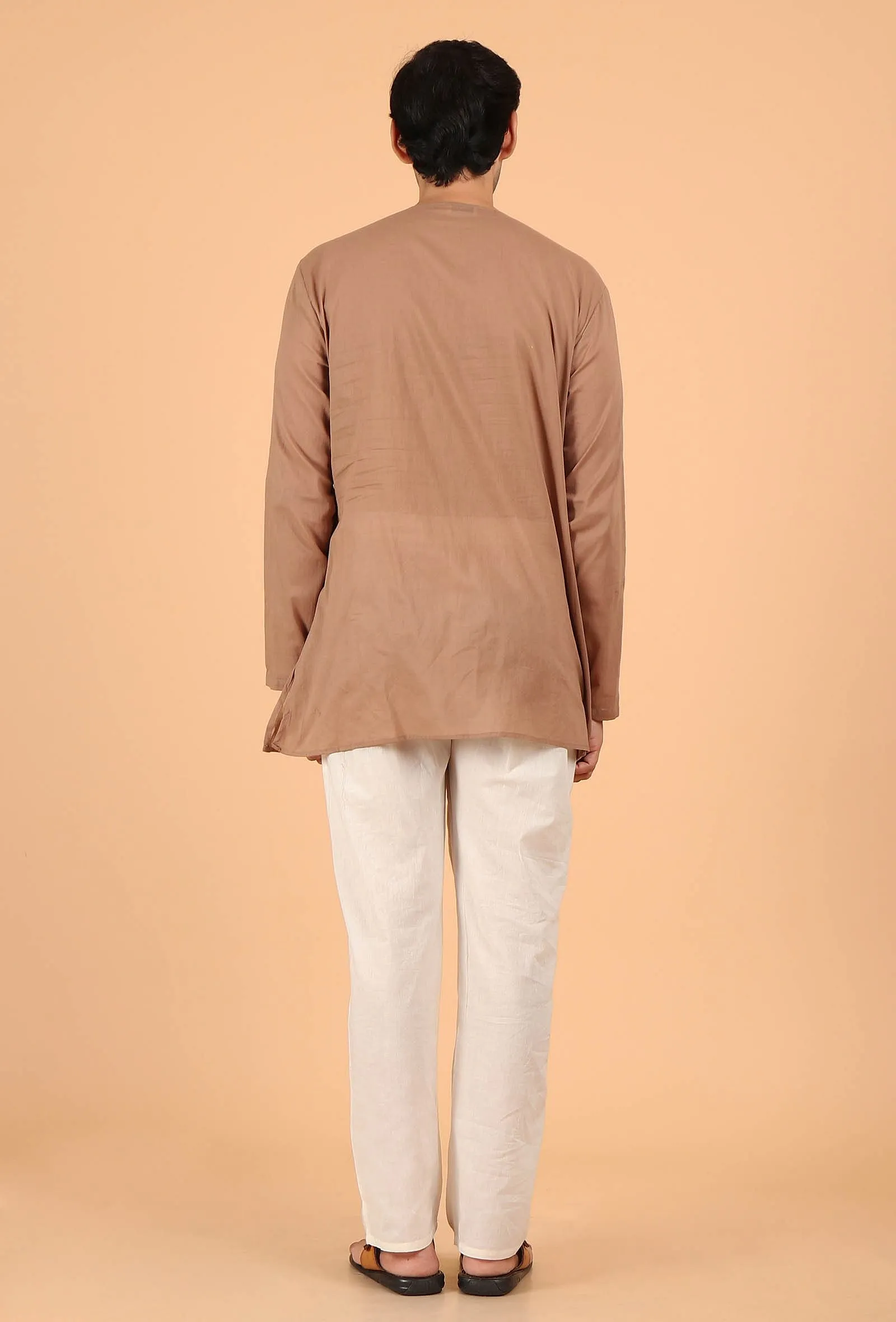 Light Brown Cotton Mulmul Short Kurta & White Pant