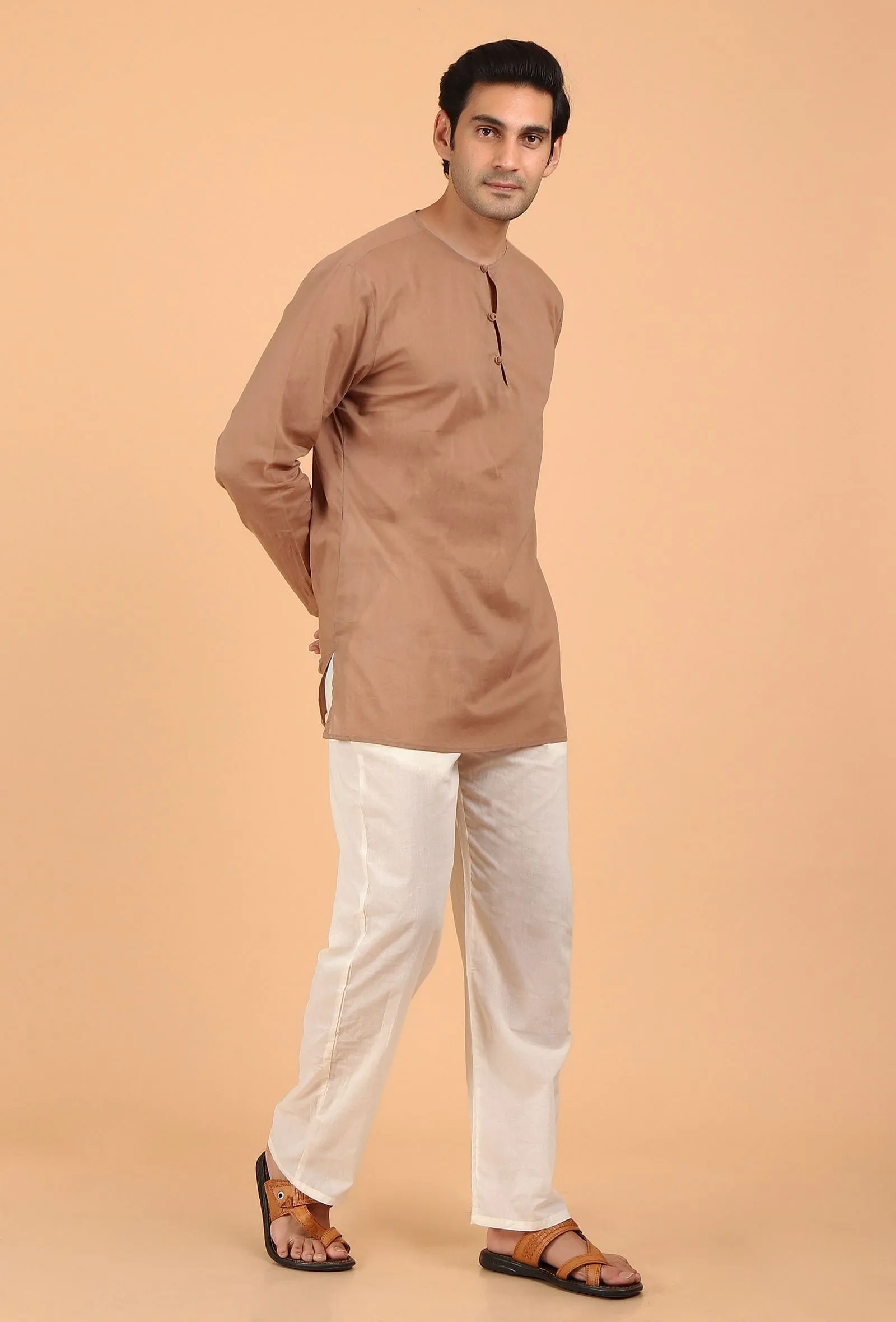 Light Brown Cotton Mulmul Short Kurta & White Pant