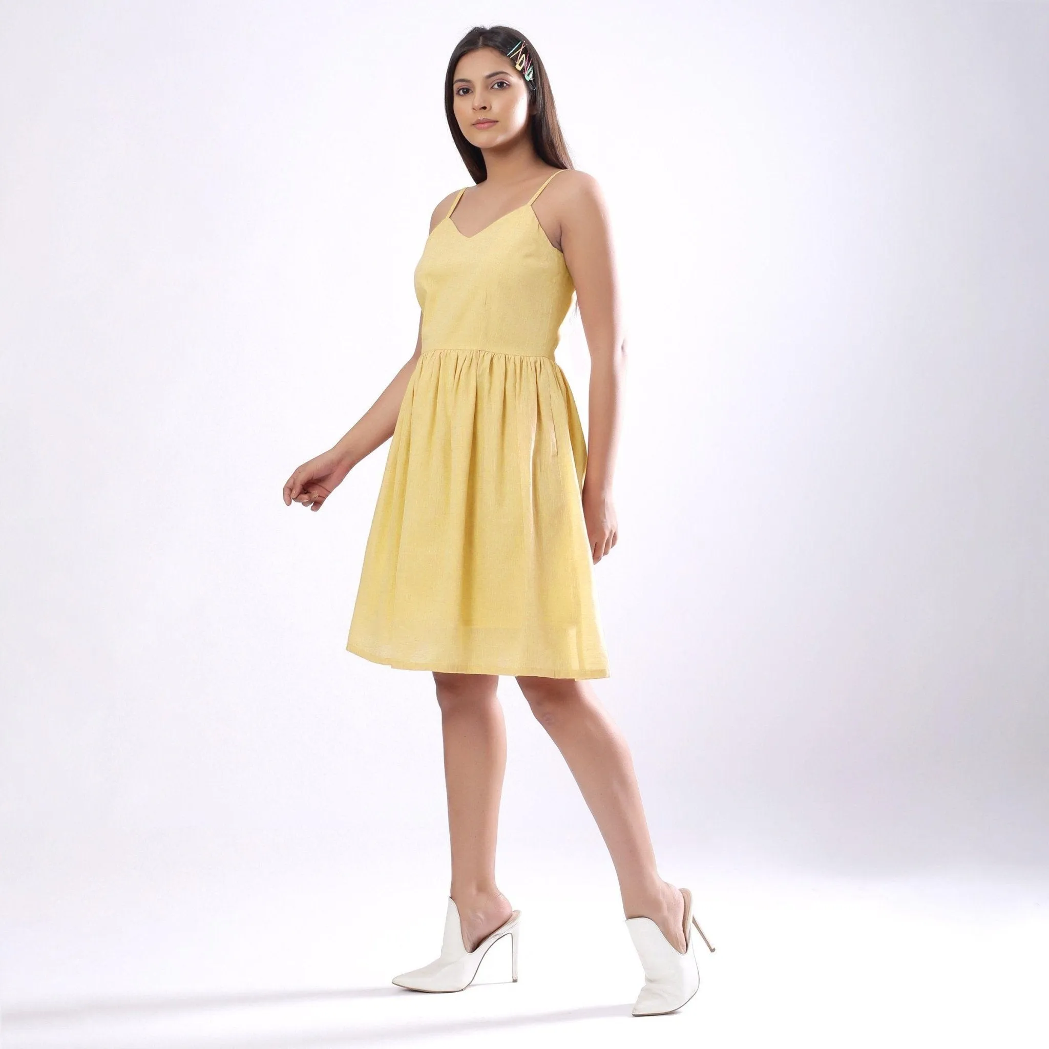 Light Yellow Handspun Cotton Knee Length Camisole Dress
