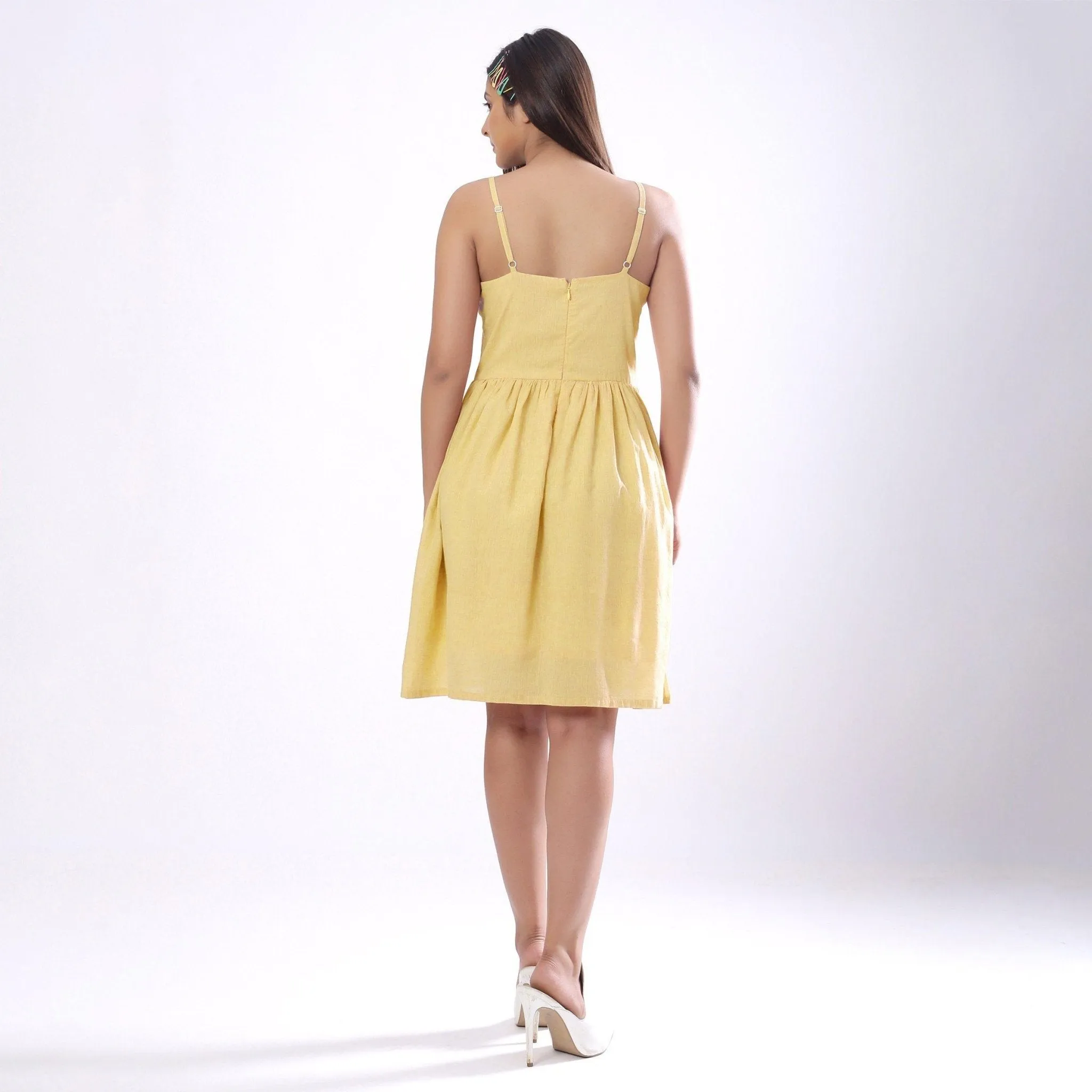 Light Yellow Handspun Cotton Knee Length Camisole Dress