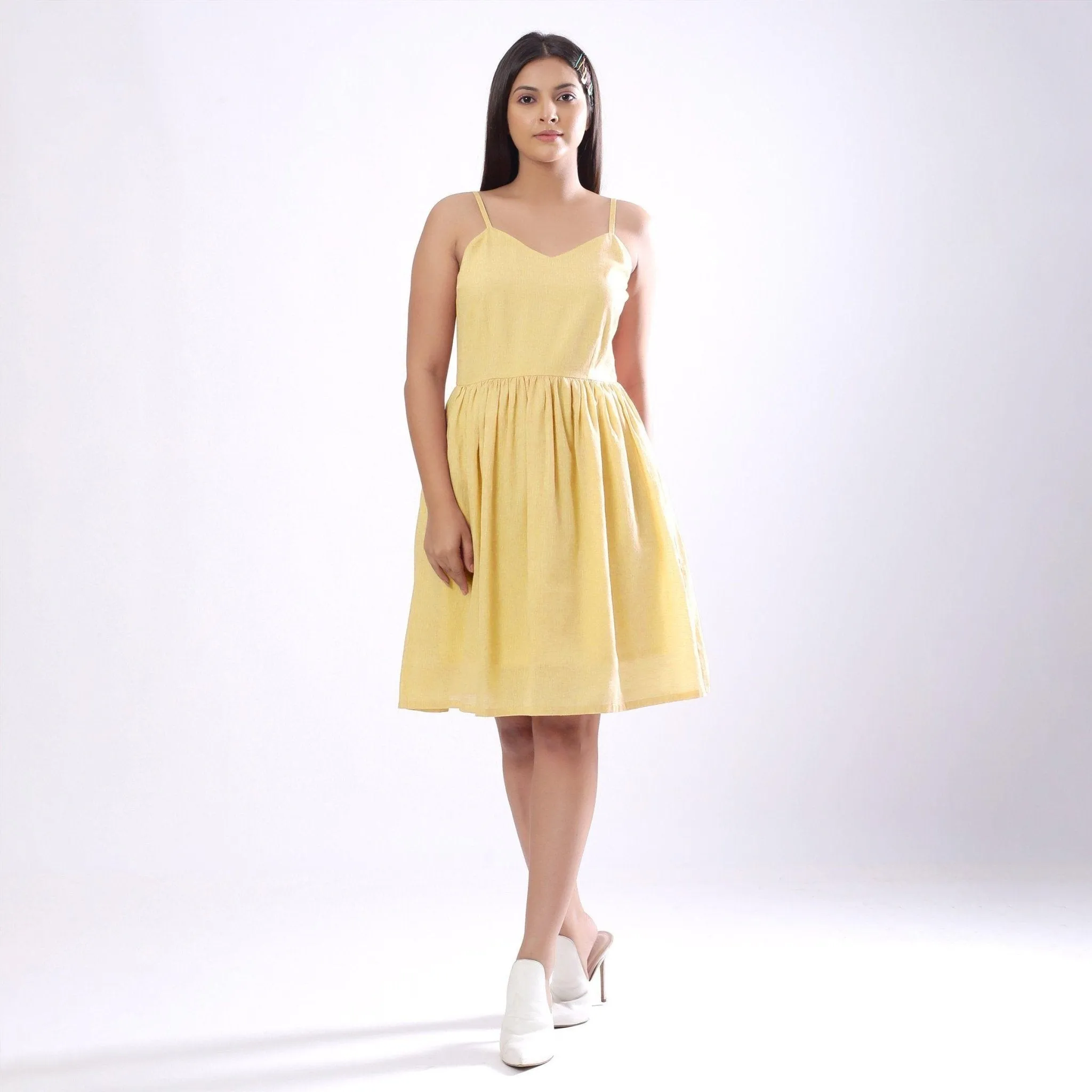 Light Yellow Handspun Cotton Knee Length Camisole Dress
