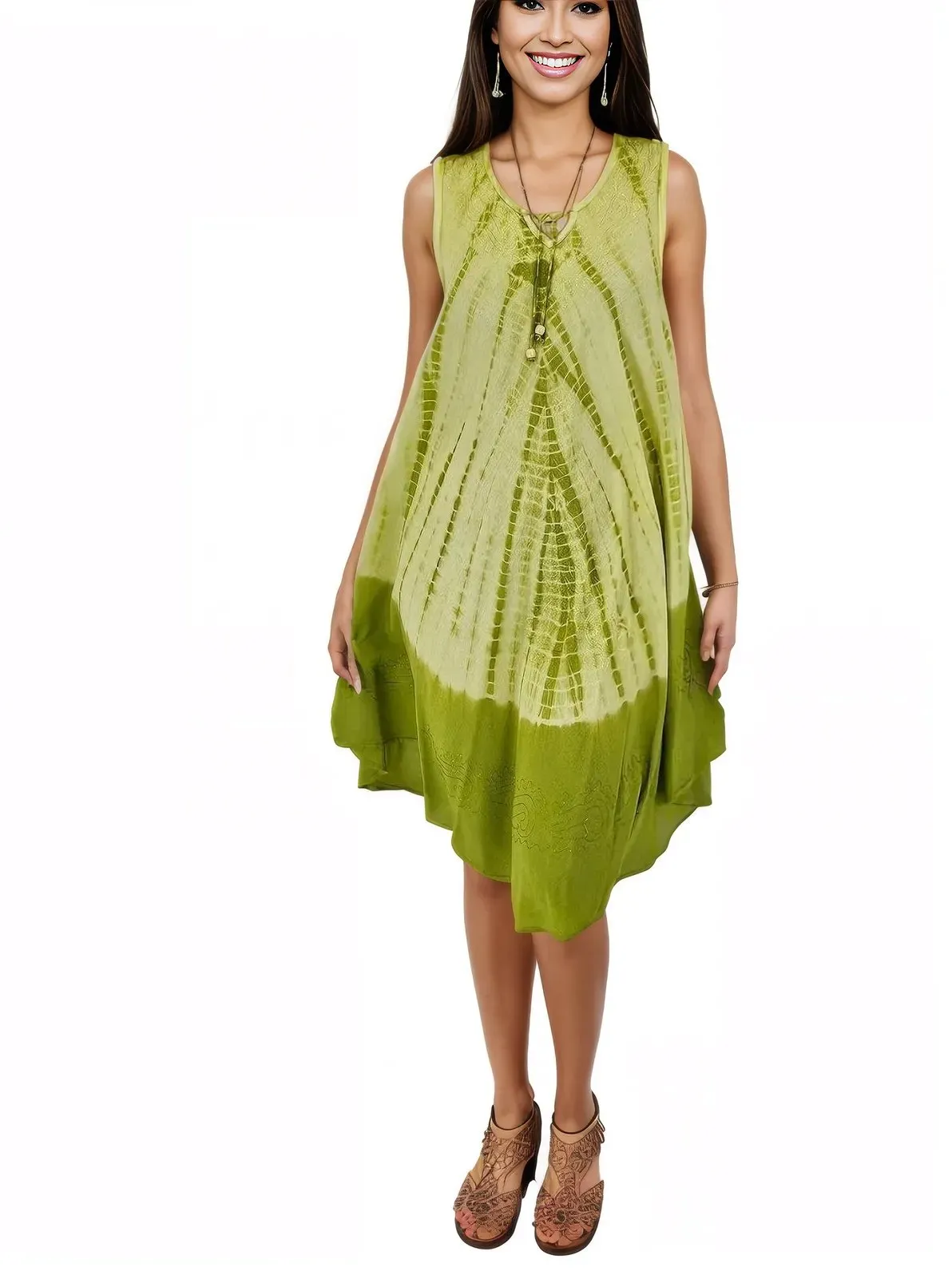 Lime Green Tie-Dye Sleeveless Boho Dress – Lightweight & Embroidered | Tenku Designs