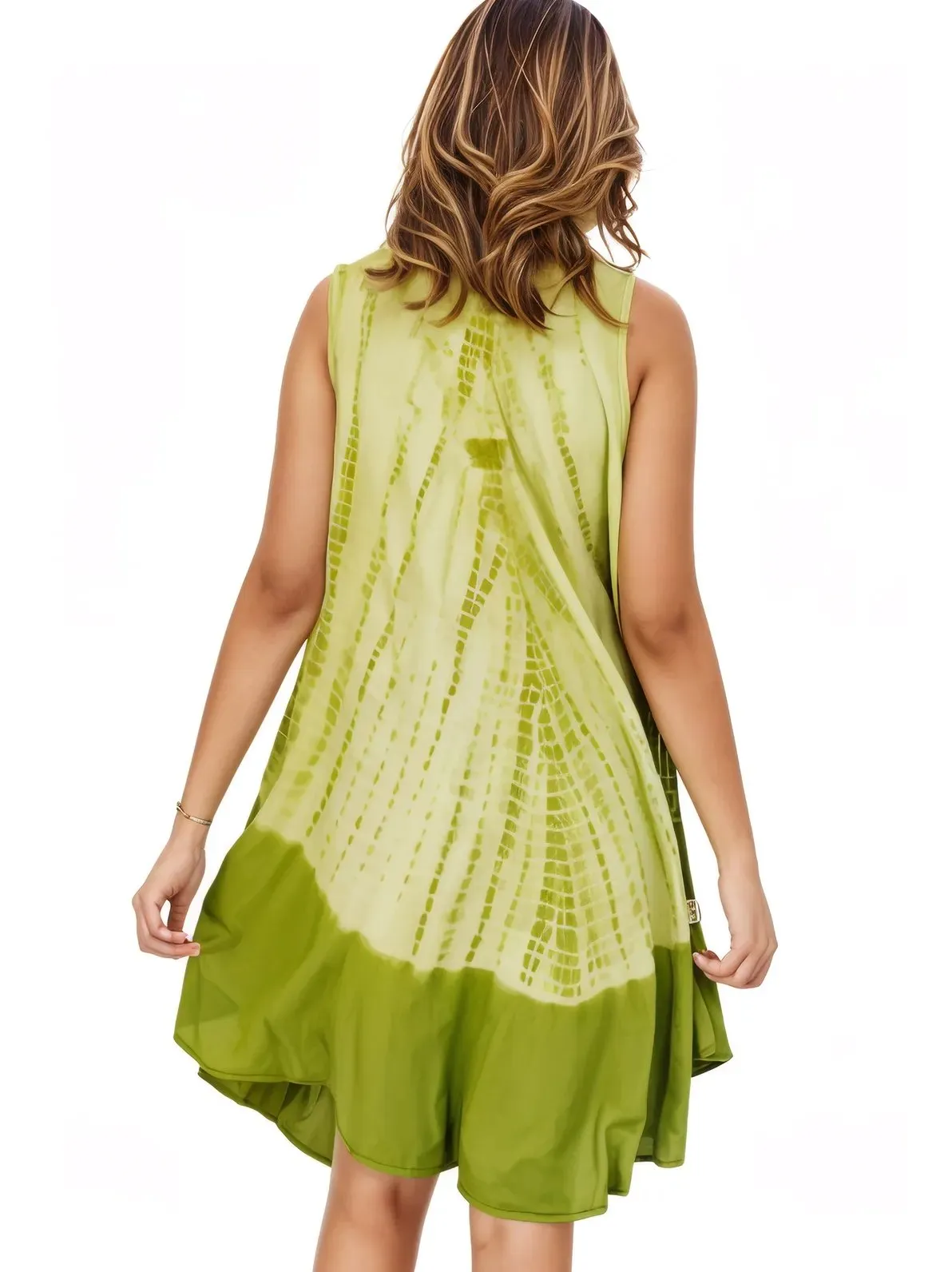Lime Green Tie-Dye Sleeveless Boho Dress – Lightweight & Embroidered | Tenku Designs