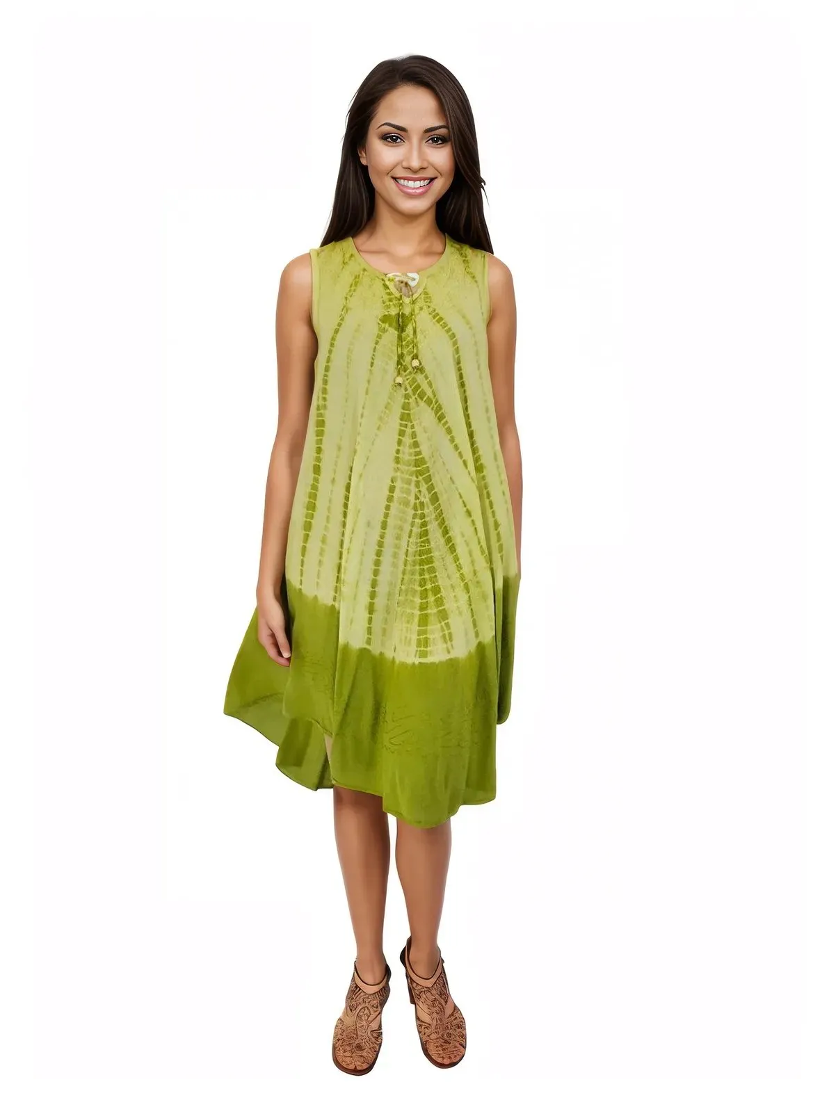 Lime Green Tie-Dye Sleeveless Boho Dress – Lightweight & Embroidered | Tenku Designs