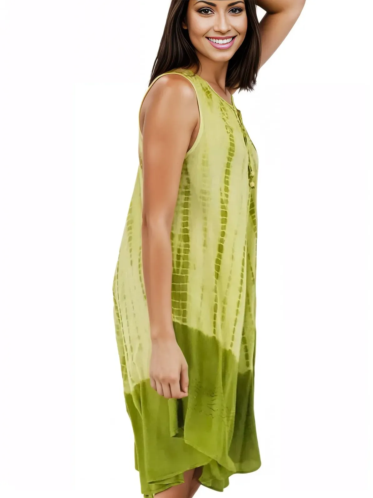 Lime Green Tie-Dye Sleeveless Boho Dress – Lightweight & Embroidered | Tenku Designs