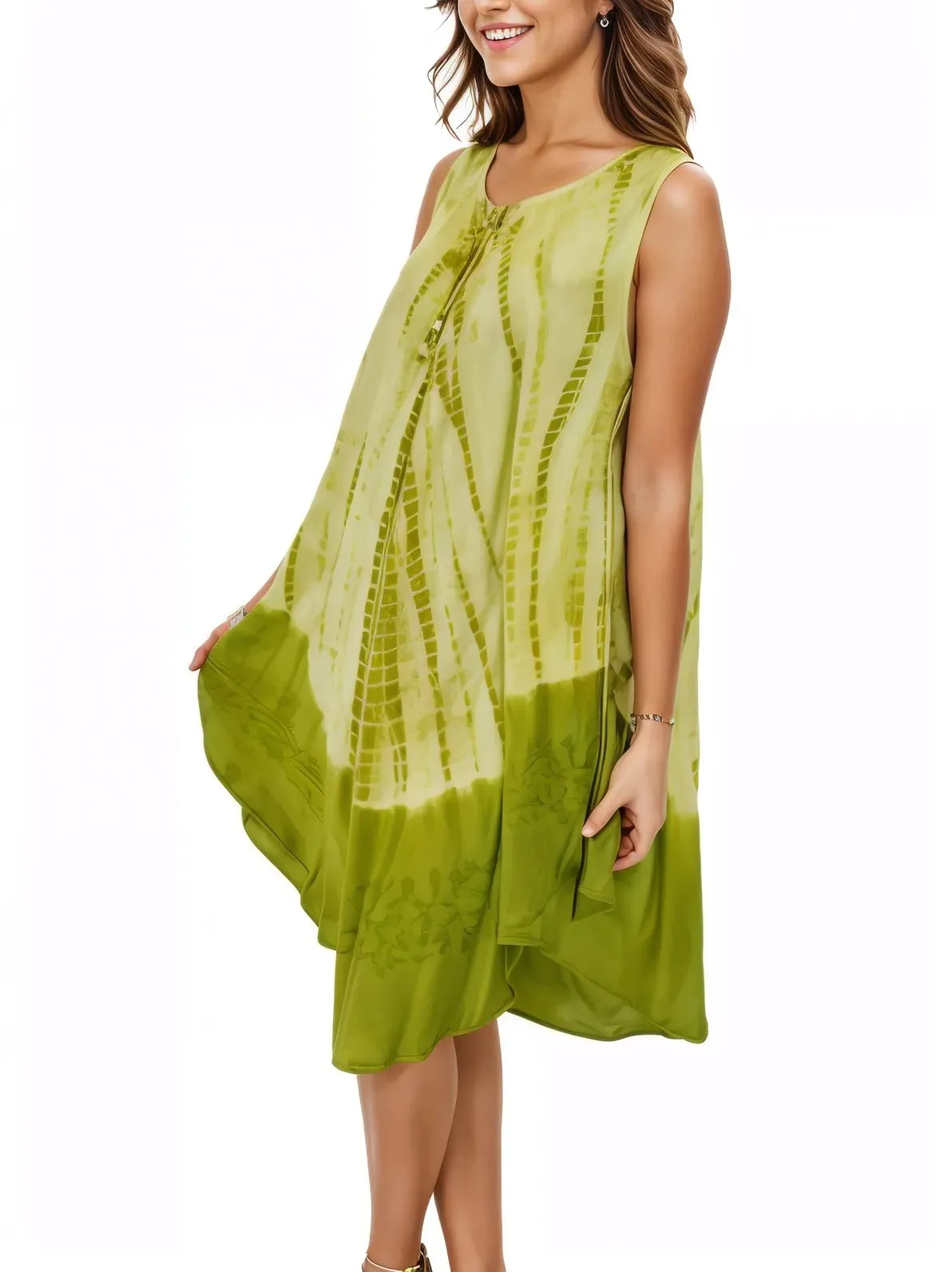 Lime Green Tie-Dye Sleeveless Boho Dress – Lightweight & Embroidered | Tenku Designs