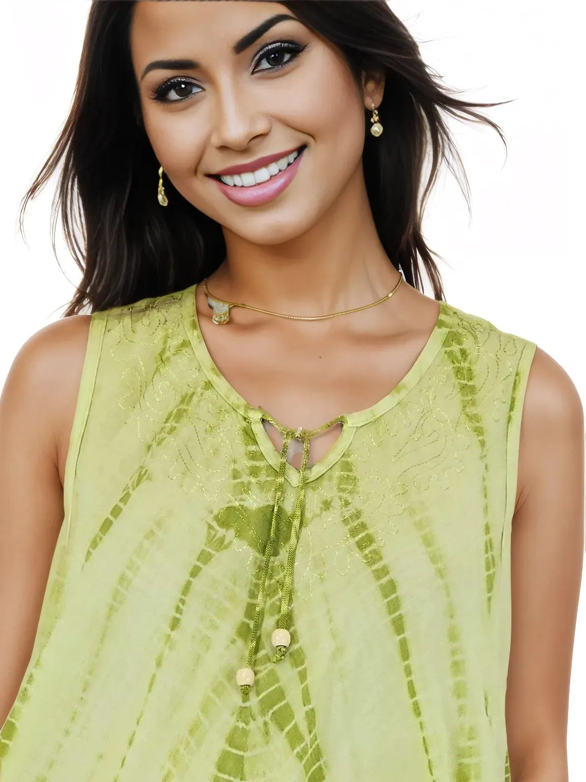 Lime Green Tie-Dye Sleeveless Boho Dress – Lightweight & Embroidered | Tenku Designs