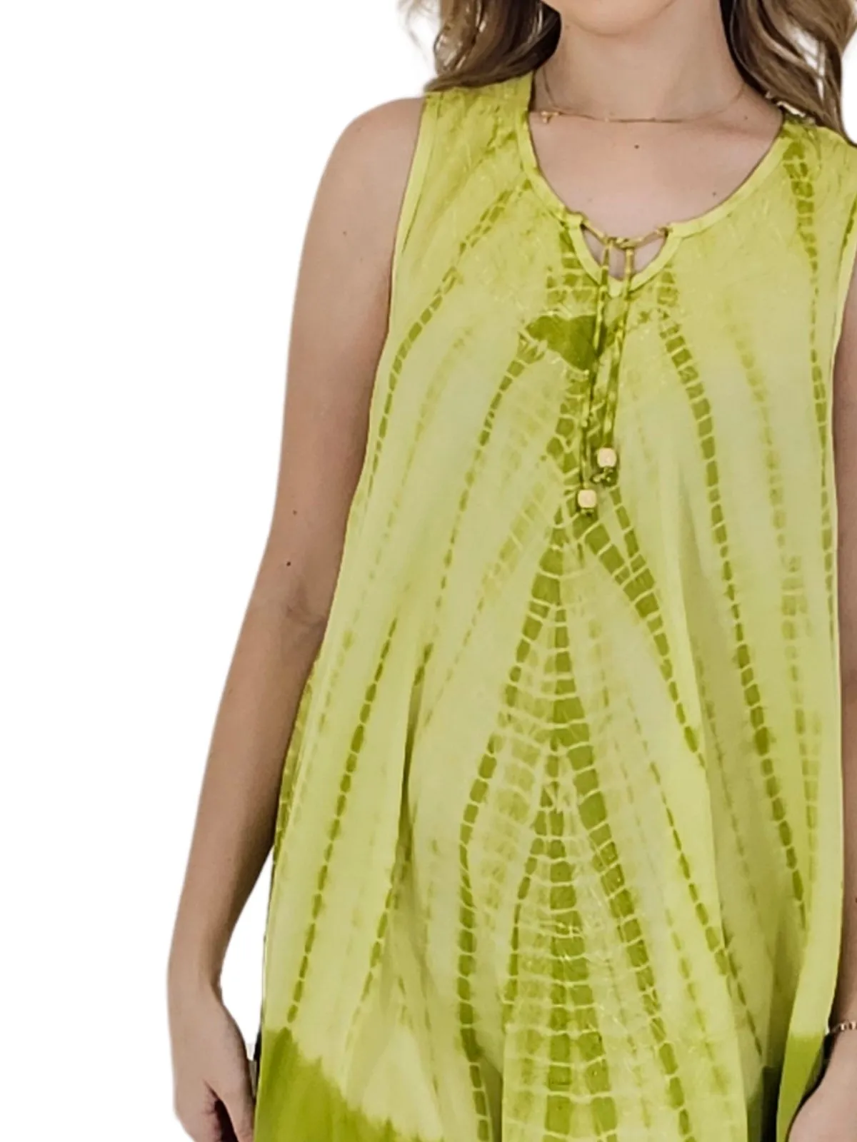 Lime Green Tie-Dye Sleeveless Boho Dress – Lightweight & Embroidered | Tenku Designs