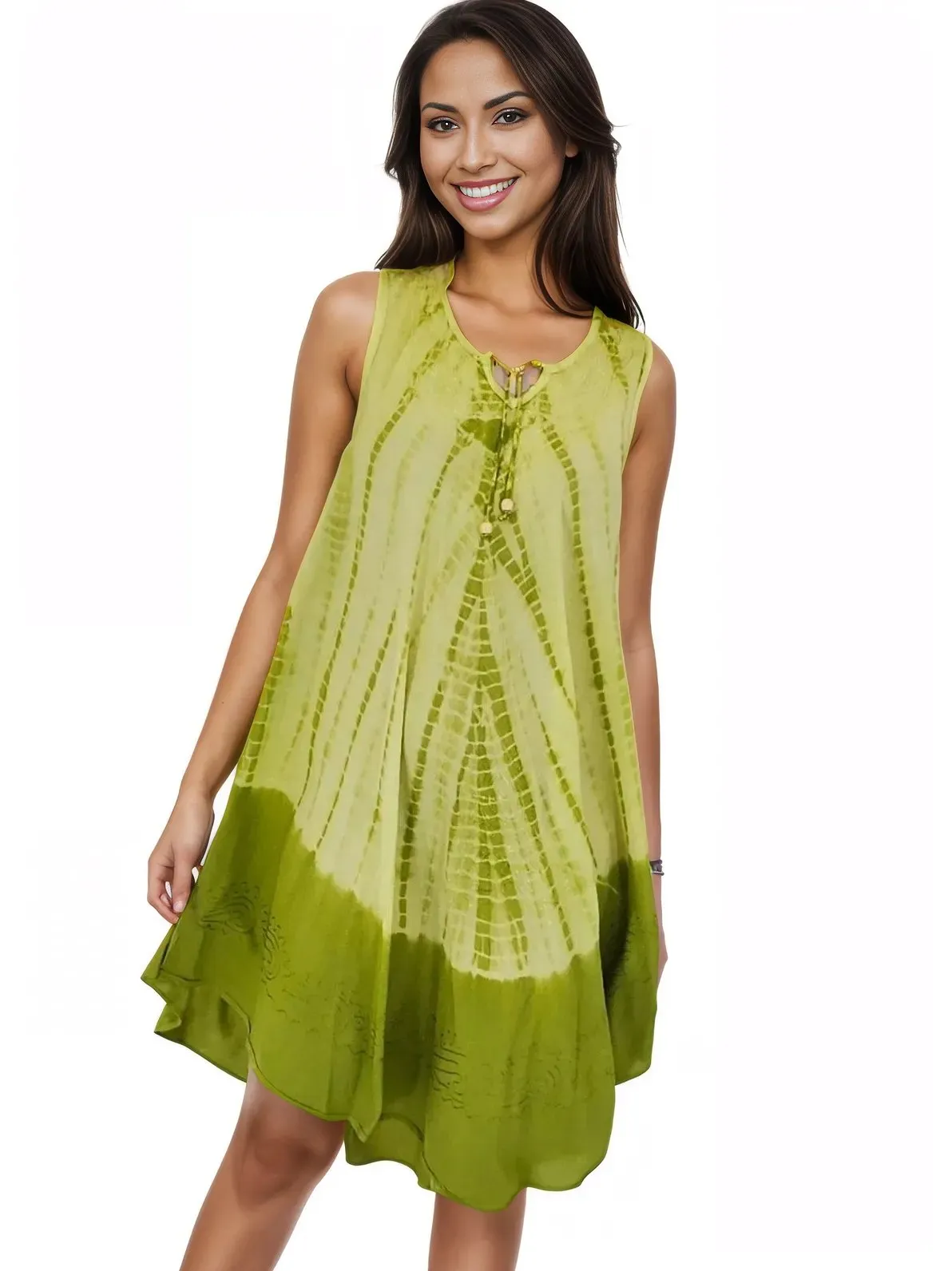 Lime Green Tie-Dye Sleeveless Boho Dress – Lightweight & Embroidered | Tenku Designs