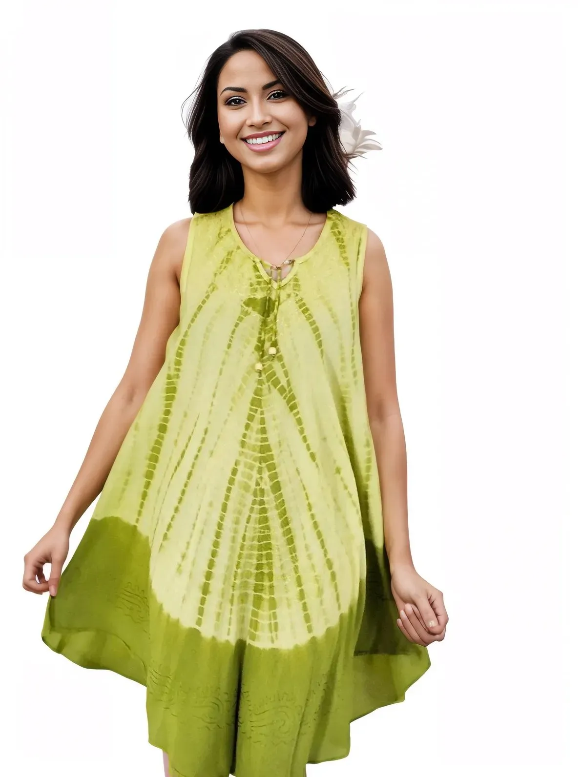Lime Green Tie-Dye Sleeveless Boho Dress – Lightweight & Embroidered | Tenku Designs