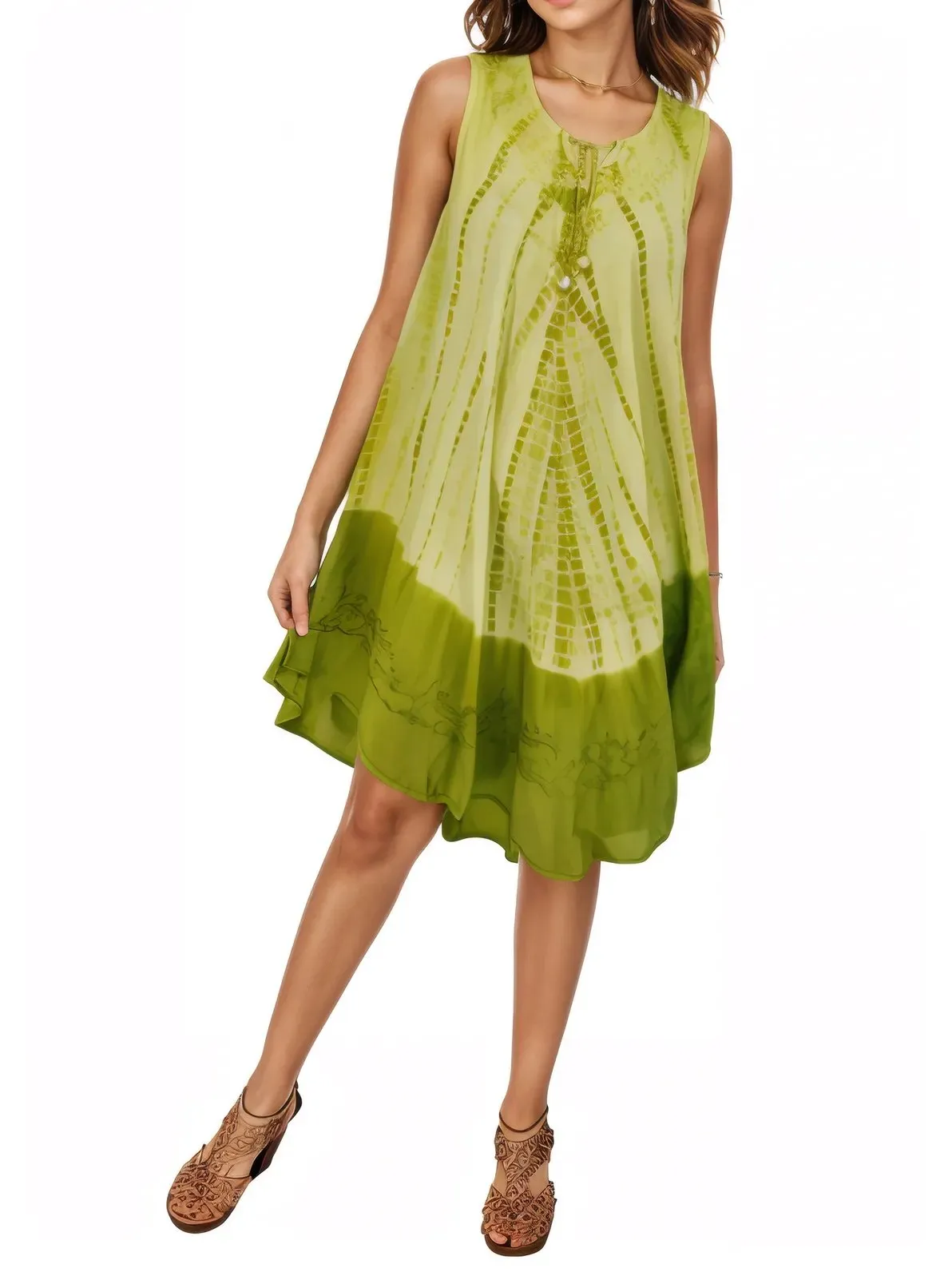 Lime Green Tie-Dye Sleeveless Boho Dress – Lightweight & Embroidered | Tenku Designs