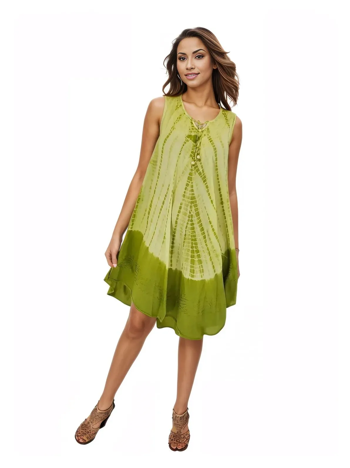 Lime Green Tie-Dye Sleeveless Boho Dress – Lightweight & Embroidered | Tenku Designs