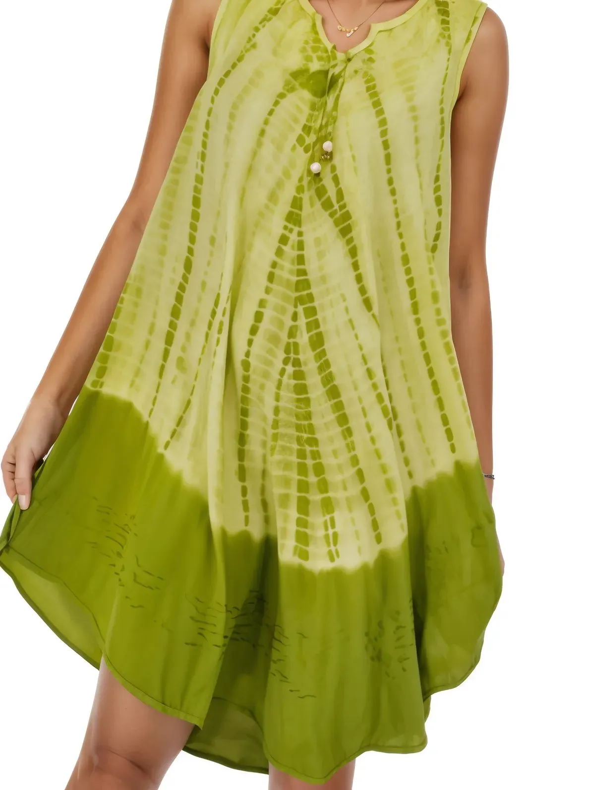 Lime Green Tie-Dye Sleeveless Boho Dress – Lightweight & Embroidered | Tenku Designs