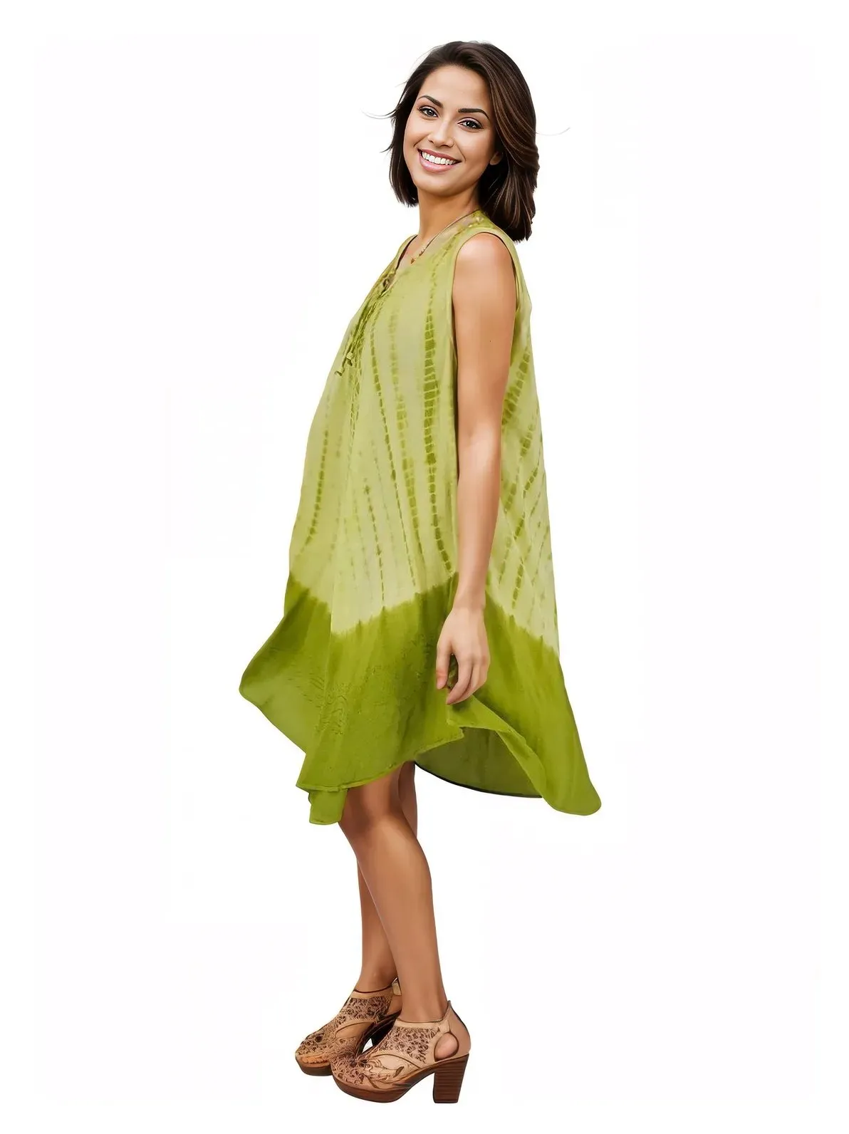 Lime Green Tie-Dye Sleeveless Boho Dress – Lightweight & Embroidered | Tenku Designs