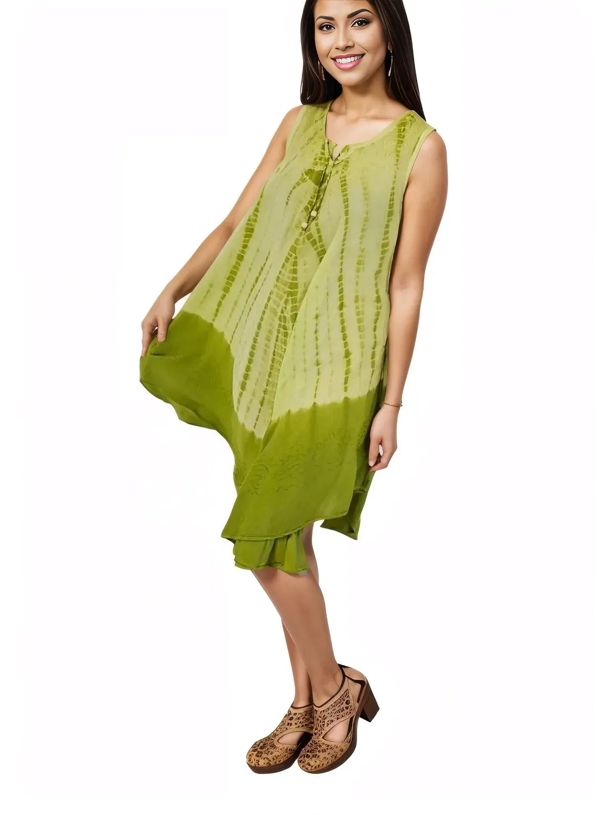 Lime Green Tie-Dye Sleeveless Boho Dress – Lightweight & Embroidered | Tenku Designs