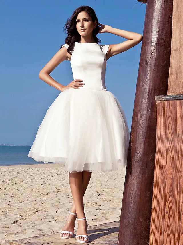 Luolandi Beach Little White Dresses Wedding Dresses Knee Length A-Line Cap Sleeve Bateau Neck Satin