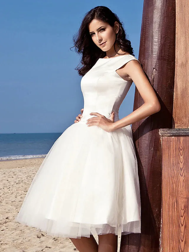 Luolandi Beach Little White Dresses Wedding Dresses Knee Length A-Line Cap Sleeve Bateau Neck Satin