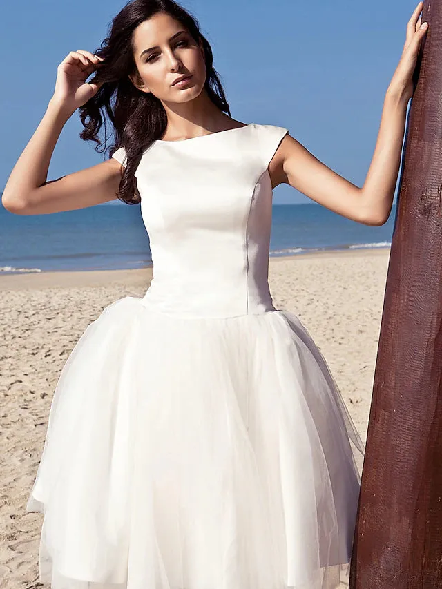 Luolandi Beach Little White Dresses Wedding Dresses Knee Length A-Line Cap Sleeve Bateau Neck Satin