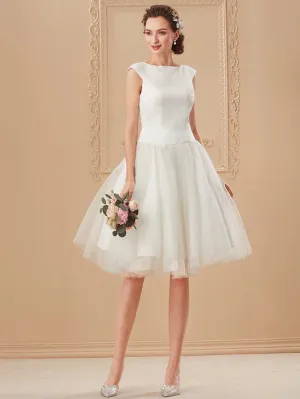 Luolandi Beach Little White Dresses Wedding Dresses Knee Length A-Line Cap Sleeve Bateau Neck Satin