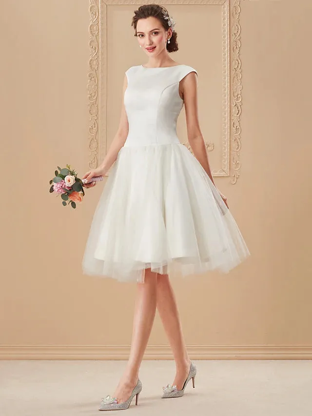 Luolandi Beach Little White Dresses Wedding Dresses Knee Length A-Line Cap Sleeve Bateau Neck Satin