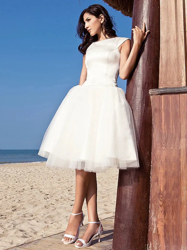 Luolandi Beach Little White Dresses Wedding Dresses Knee Length A-Line Cap Sleeve Bateau Neck Satin