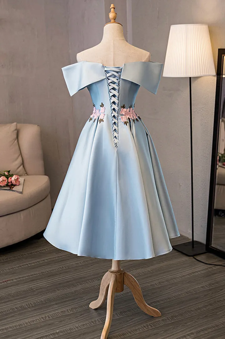 Luolandi Blue Satin Off the Shoulder Prom Dresses A-Line Homecoming Dresses With Flowers