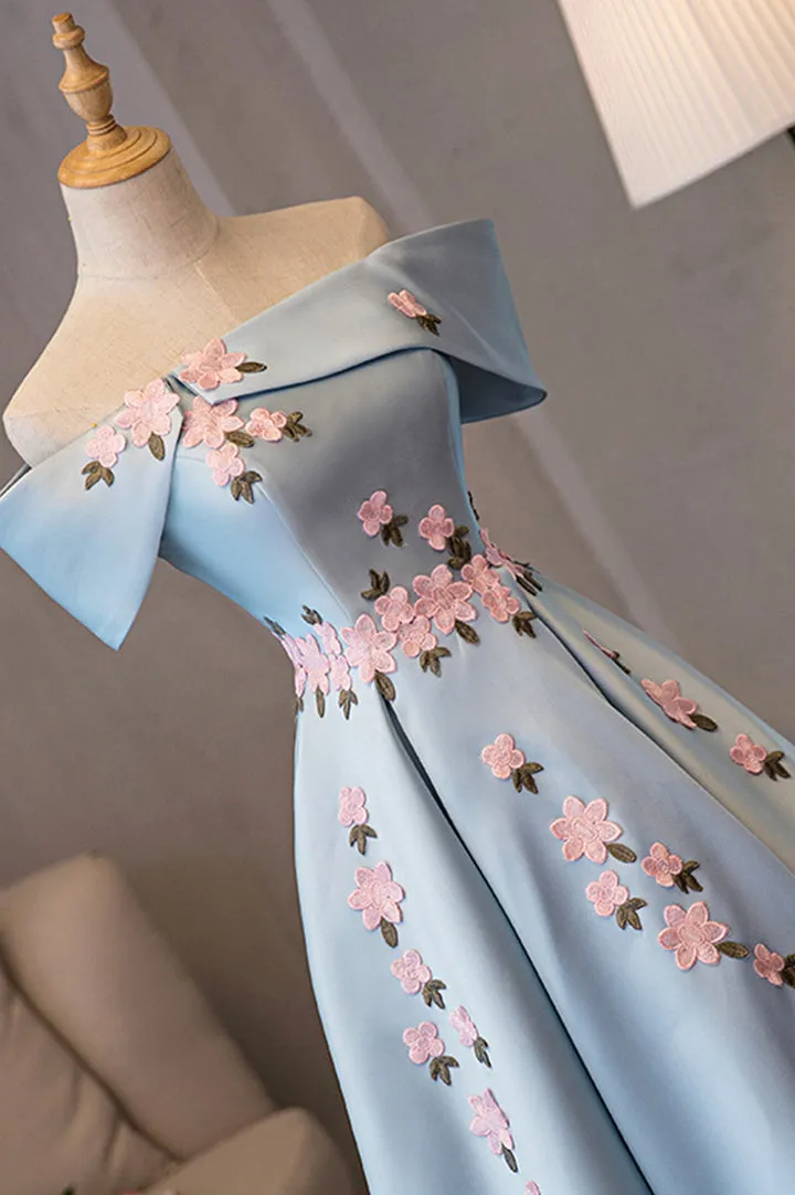 Luolandi Blue Satin Off the Shoulder Prom Dresses A-Line Homecoming Dresses With Flowers