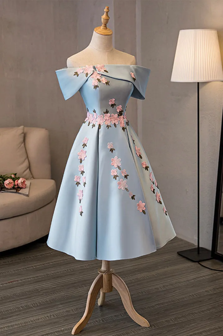 Luolandi Blue Satin Off the Shoulder Prom Dresses A-Line Homecoming Dresses With Flowers
