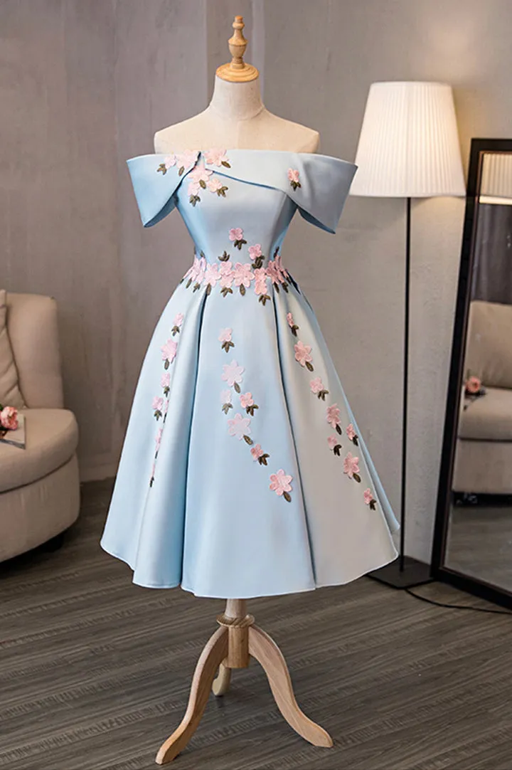 Luolandi Blue Satin Off the Shoulder Prom Dresses A-Line Homecoming Dresses With Flowers