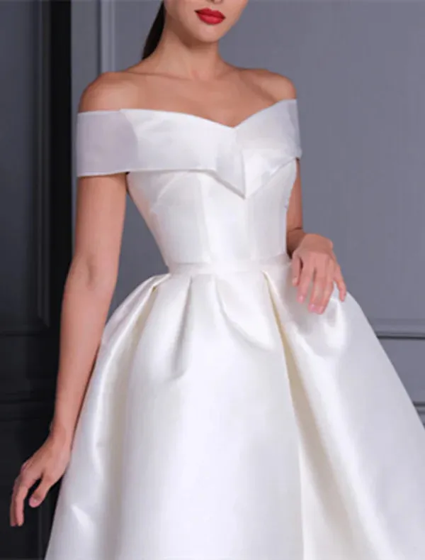 Luolandi Bridal Shower Little White Dresses Simple Wedding Dresses A-Line Off Shoulder Cap Sleeve Tea Length Satin Bridal Gowns