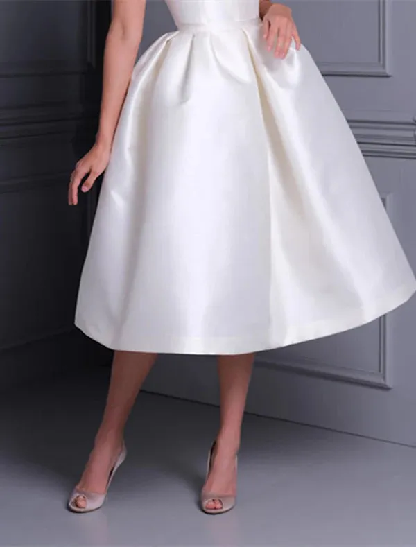 Luolandi Bridal Shower Little White Dresses Simple Wedding Dresses A-Line Off Shoulder Cap Sleeve Tea Length Satin Bridal Gowns