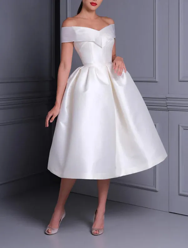 Luolandi Bridal Shower Little White Dresses Simple Wedding Dresses A-Line Off Shoulder Cap Sleeve Tea Length Satin Bridal Gowns