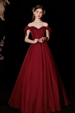 Luolandi Burgundy Satin Long Prom Dresses A-Line Off the Shoulder Formal Dresses Sexy