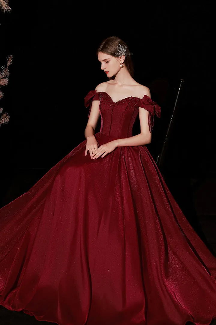 Luolandi Burgundy Satin Long Prom Dresses A-Line Off the Shoulder Formal Dresses Sexy