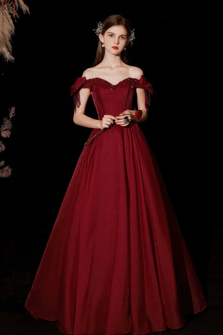 Luolandi Burgundy Satin Long Prom Dresses A-Line Off the Shoulder Formal Dresses Sexy