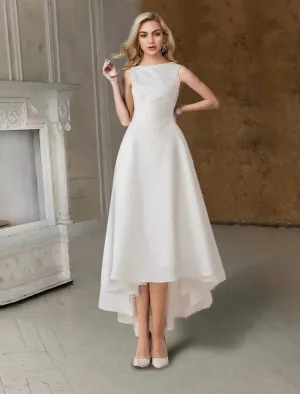 Luolandi Hall Little White Dresses Wedding Dresses A-Line Scoop Neck Sleeveless Tea Length Satin Bridal Gowns With Pleats