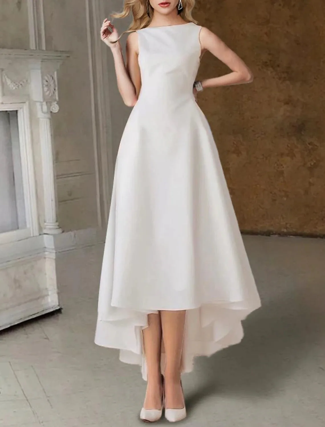 Luolandi Hall Little White Dresses Wedding Dresses A-Line Scoop Neck Sleeveless Tea Length Satin Bridal Gowns With Pleats