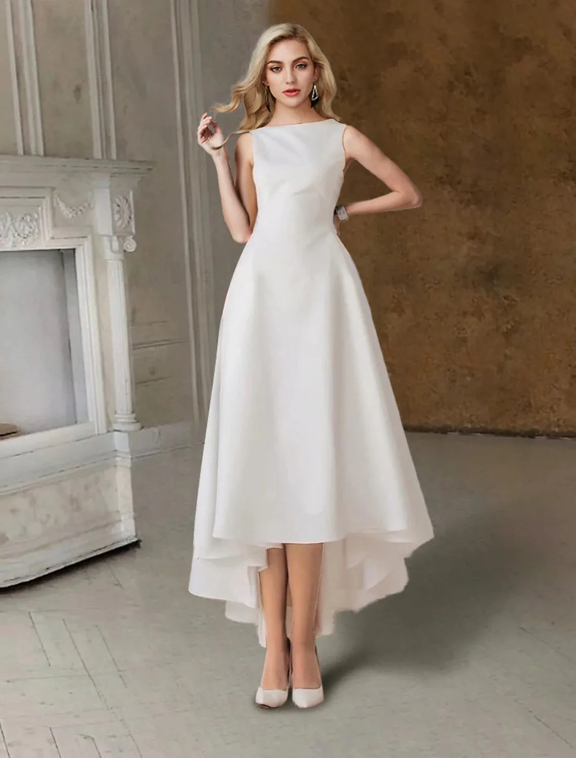 Luolandi Hall Little White Dresses Wedding Dresses A-Line Scoop Neck Sleeveless Tea Length Satin Bridal Gowns With Pleats