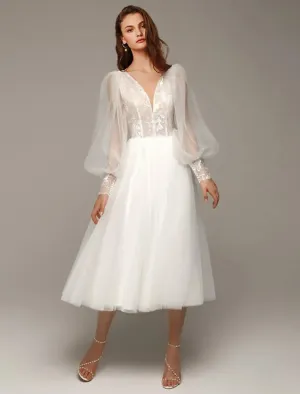 Luolandi Hall Vintage 1940s / 1950s Little White Dresses Wedding Dresses A-Line V Neck Long Sleeve Tea Length Satin Bridal Gowns With Appliques