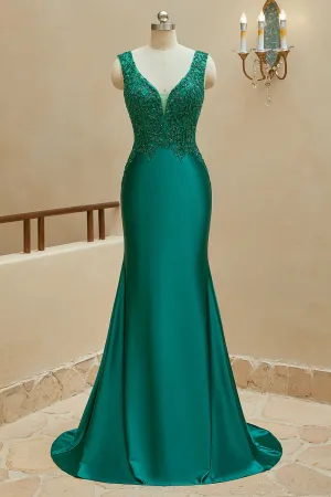 Luolandi Mermaid V Neck Satin Sleeveless Prom Dresses With Beaded Sexy Evening Dresses
